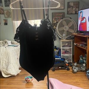 Black Lace Bodysuit with Chain Straps